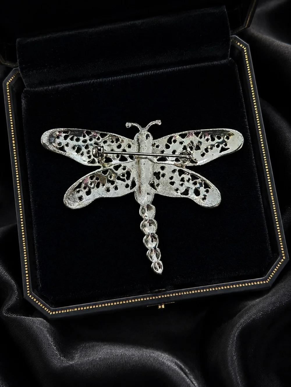 Vintage Silver Tone Filigree Dragonfly Brooch Pin with Green & Purple stones